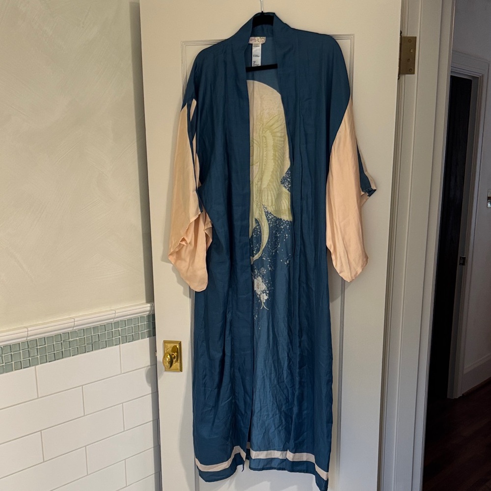 Free People Women's Blue and Peach Long Duster Jacket